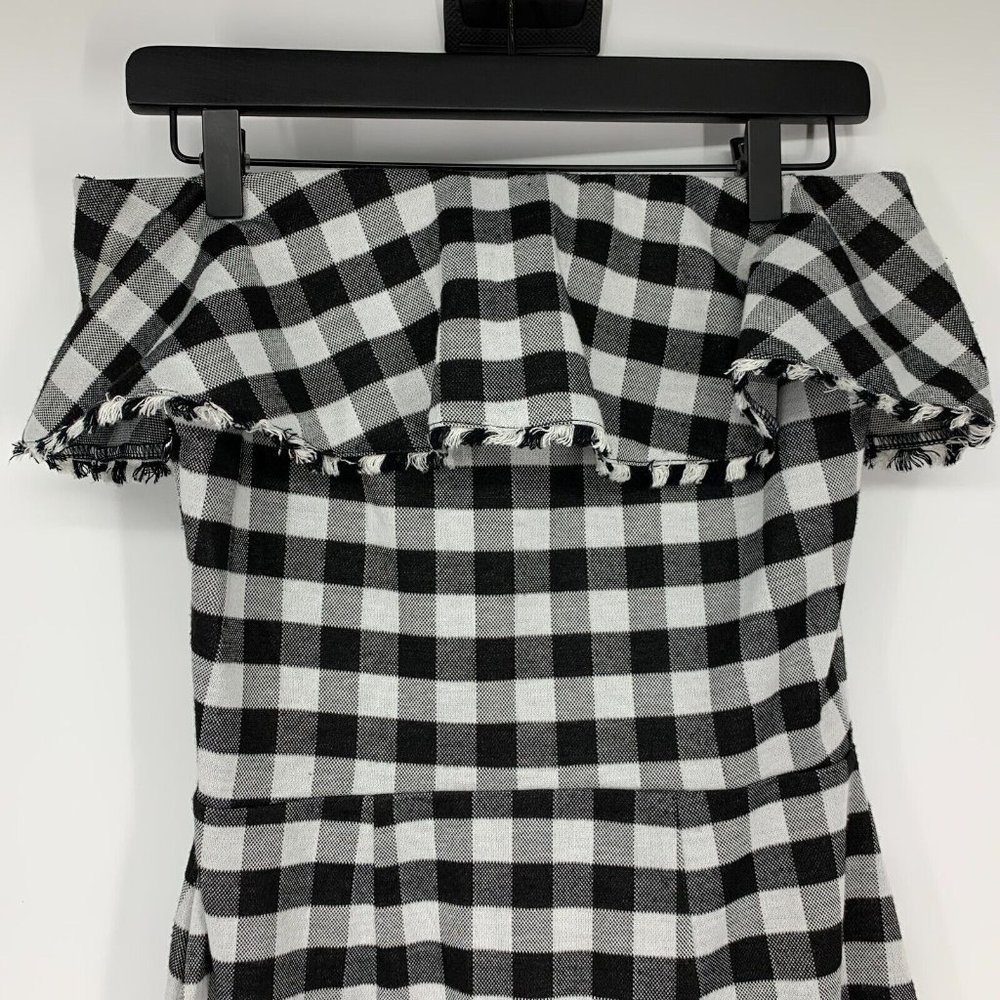 Ann Taylor Dress Gingham Print Off Shoulder Ruffle Black White - Picture 10 of 12
